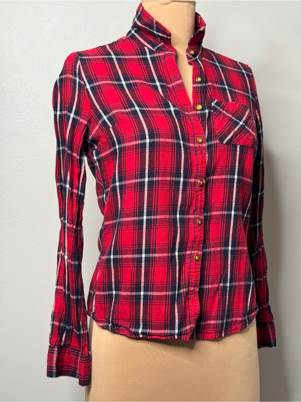 Red Plaid Tartan 100% Cotton Button-Up Shirt Pockets Gold Buttons Size 2 XS